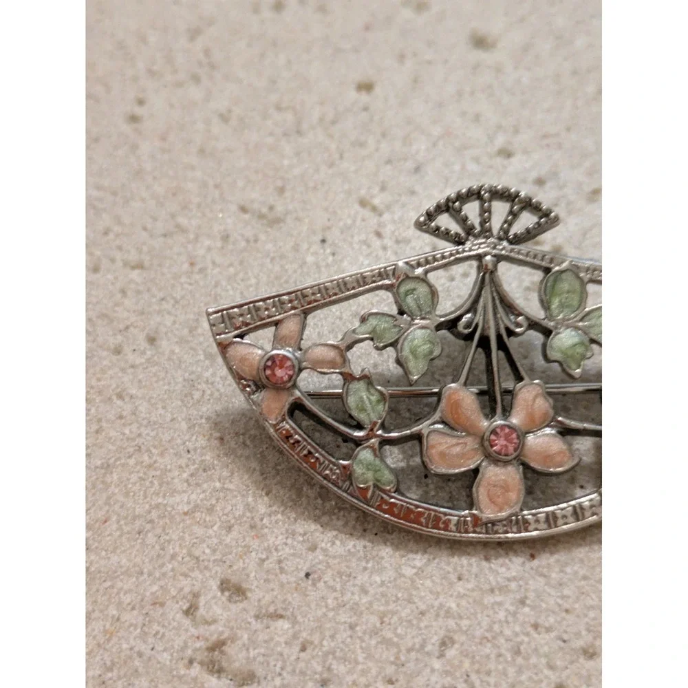 Art Nouveau Style Fan Brooch Repousse Pastel Enamel Flowers Cabochon Vintage
